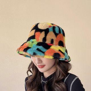 Lettering Faux Shearling Bucket Hat Letters - Orange & Blue & Black - One Size
