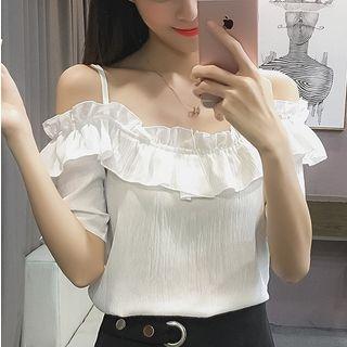 Plain Frill Trim Off Shoulder Short Sleeve Blouse