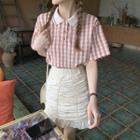 Short-sleeve Gingham Polo Shirt / Shirred Mini Pencil Skirt
