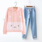 Rabbit Hoodie / Embroidered Straight-cut Jeans / Set