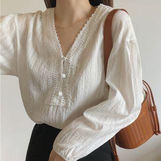 Long-sleeve V-neck Lace Trim Loose Fit Blouse