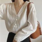 Long-sleeve V-neck Lace Trim Loose Fit Blouse