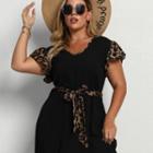 Plus Size Cap-sleeve Leopard Print Panel Mini A-line Dress