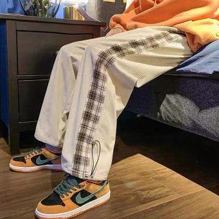 Plaid Panel Corduroy Loose Fit Pants / Tapered Pants