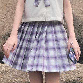 Plaid Bow Tie / Mini Pleated Skirt / Set