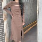 Long-sleeve Cutout Shirred Midi A-line Dress