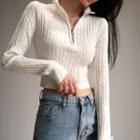 Plain Zipper Long-sleeve Cable-knit Sweater