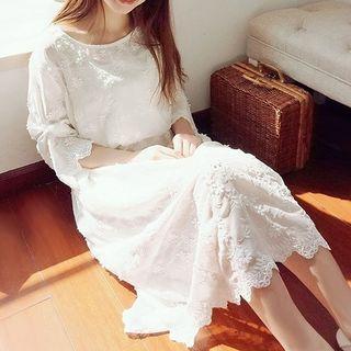 Set: Floral Embroidered Midi A-line Dress + Slipdress