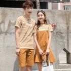 Couple Matching Set: Stripe Short-sleeve T-shirt + Shorts / Spaghetti Strap Dress