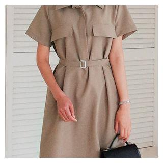 Short-sleeve Dual-pocket Shift Dress With Belt