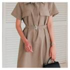 Short-sleeve Dual-pocket Shift Dress With Belt