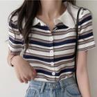 Short-sleeve Collared Striped Button-up Knit Top