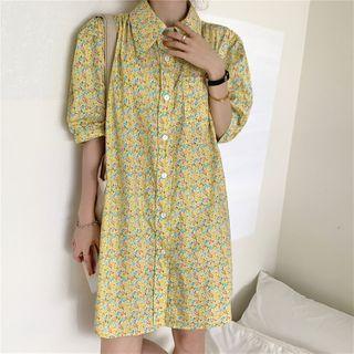 Elbow-sleeve Pattern Mini A-line Shirt Dress