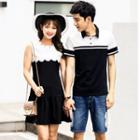 Couple Matching Color Block Short-sleeve Polo Shirt / Sleeveless A-line Dress