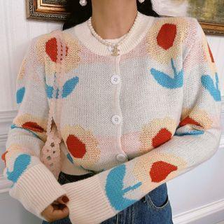 Floral Cropped Cardigan Floral - White & Pink - One Size