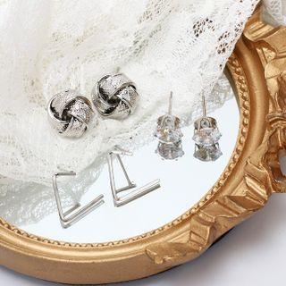 3 Pair Set : Rhinestone Alloy Earring (assorted Designs) Set Of 3 - Silver - One Size