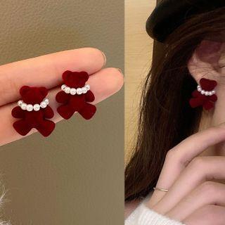 Sterling Silver Faux Pearl Bear Stud Earring 1 Pair - Bear - Red - One Size