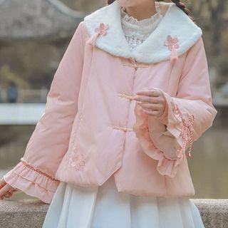 Flower Embroidered Frog Button Padded Jacket