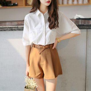 Set: Plain Short-sleeve Shirt + Wide Leg Shorts + Faux Leather Belt