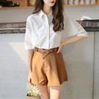 Set: Plain Short-sleeve Shirt + Wide Leg Shorts + Faux Leather Belt