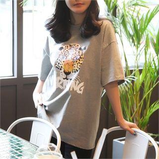 Round-neck Printed T-shirt Gray - One Size