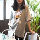 Round-neck Printed T-shirt Gray - One Size