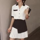 Set: Contrast Trim Short-sleeve Shirt + Pleated A-line Skirt
