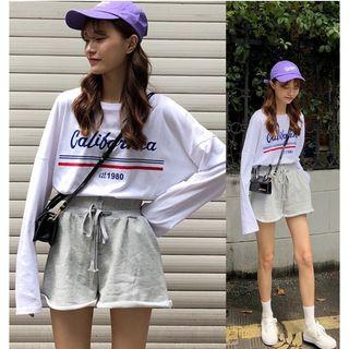 Long-sleeve Lettering T-shirt / Drawstring Waist Shorts