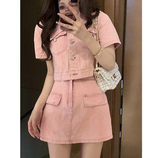 Set: Short-sleeve Pocket Detail Denim Shirt + Mini Pencil Skirt