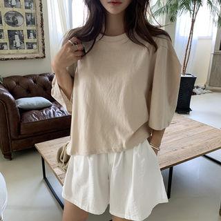 Puff-shoulder Plain T-shirt Beige - One Size
