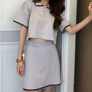 Contrast Trim Ruffled Knit Polo Shirt + Contrast Trim Skirt