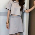Contrast Trim Ruffled Knit Polo Shirt + Contrast Trim Skirt