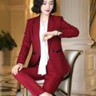 Set: Double-breasted Blazer + Dress Pants + Tie-neck Blouse