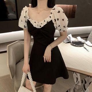 Mock Two Piece Heart Printed Dress Black - One Size