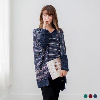 V-neck Melange Striped Dipped-hem Oversized Sweater