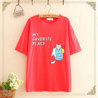 Cat Printed Round-neck Top