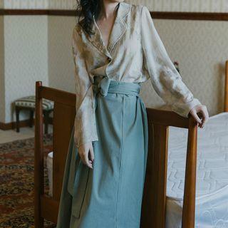 Set: Leaf Print Long-sleeve Blouse + Tie-waist Midi A-line Skirt