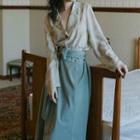Set: Leaf Print Long-sleeve Blouse + Tie-waist Midi A-line Skirt