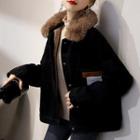 Furry Collar Fleece-lined Denim Jacket Black - One Size