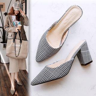 Pointy-toe Houndstooth Block Heel Mules
