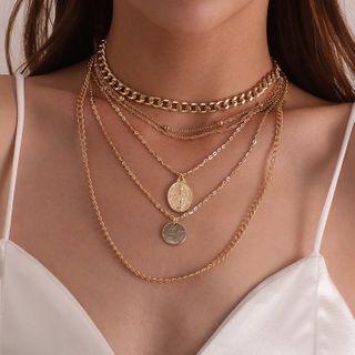 Alloy Embossed Disc Pendant Layered Choker Necklace