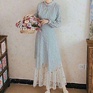 Long-sleeve Flower Embroidered Maxi A-line Dress