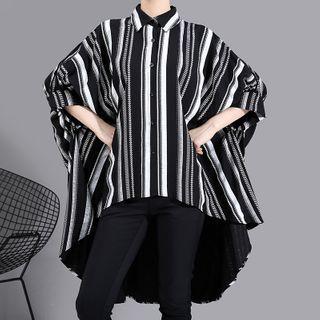 Striped Asymmetric Hem Elbow-sleeve Blouse Black - One Size