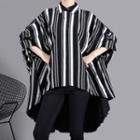 Striped Asymmetric Hem Elbow-sleeve Blouse Black - One Size