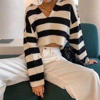 Collared Striped Cropped Sweater Stripes - Black & White - One Size