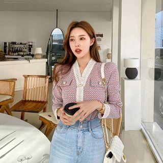 Lace-trim Pattern Knit Top Blue - One Size