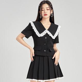 Set: Short-sleeve Lace Trim Shirt + Mini Pleated Skirt
