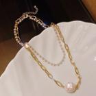 Freshwater Pearl Pendant Layered Alloy Necklace Gold & White - One Size