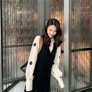 Dot Long-sleeve Loose-fit Blouse / Plain Tank Dress