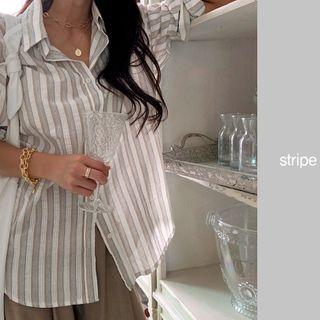 Linen Blend Stripe Shirt Dark Beige - One Size